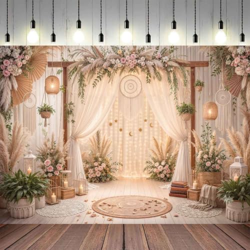 Boho Pampas Grass Floral Arch Dreamcatcher Wedding Photography Backdrop