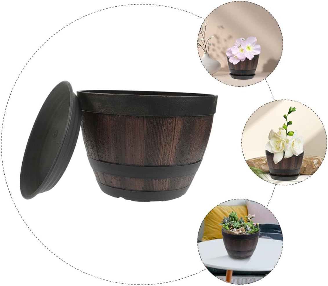 DOITOOL Imitation Wooden Barrel Plastic Planter with Drainage Hole and Tray, Vintage Decorative Flower Pot for Garden Balcony Patio, Thickened Faux Wood Planting Barrel, Model 300