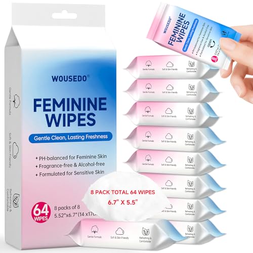 Feminine Wipes for Women Impossibly Compact Travel Mini Packs pH Balanced Unscented Hypoallergenic Alcohol-Free Period Friendly Private Care for Teens & Women - 8 Pack Total 64 Wipes