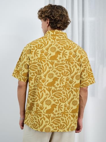 Image of The Souled Store Lion King: Hakuna Vibes Men and Boys Short Sleeves Collared Neck Button Front Yellow All Over Printed Oversized Fit Cotton Holiday Shirts