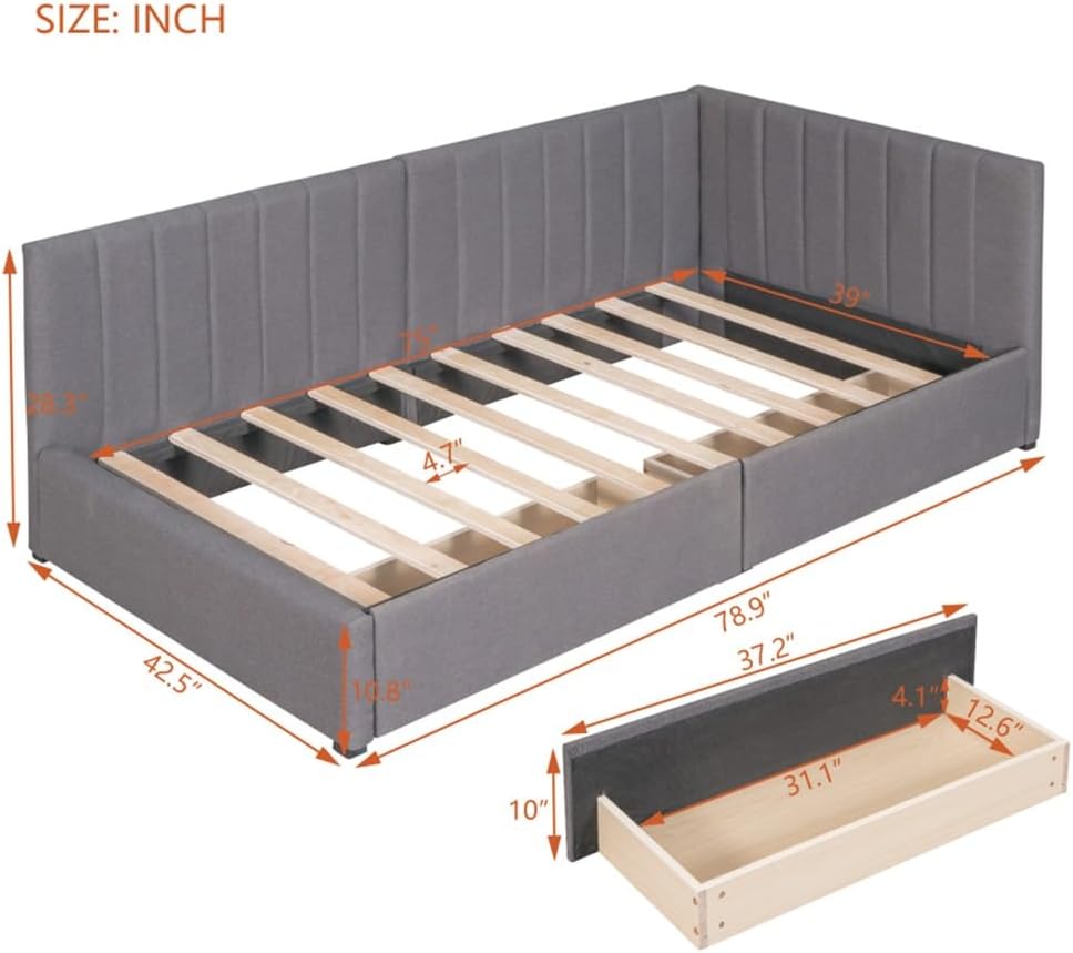 Upholstered Daybed with 2 Storage Drawers Twin Size Sofa Bed Frame No Box Spring Needed, Linen Fabric (Gray)