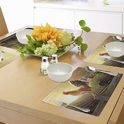 Lunarable Country Place Mats Set Of 4, Farm Barn Yard Image Rooster Animal Early Bird Nature And Rising Sun Print, Washable Fabric Placemats For Dining Table, Standard Size, Brown Red #TOP3