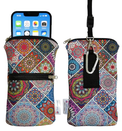 Image of Tainada Dual Zipper Neck Phone Holder Pouch w /Belt Loop (Bohemian Pattern) | For Men /Women; Water-resistant neoprene material, shockproof, lightweight, w /carabiner; Compatible with most of smartphones
