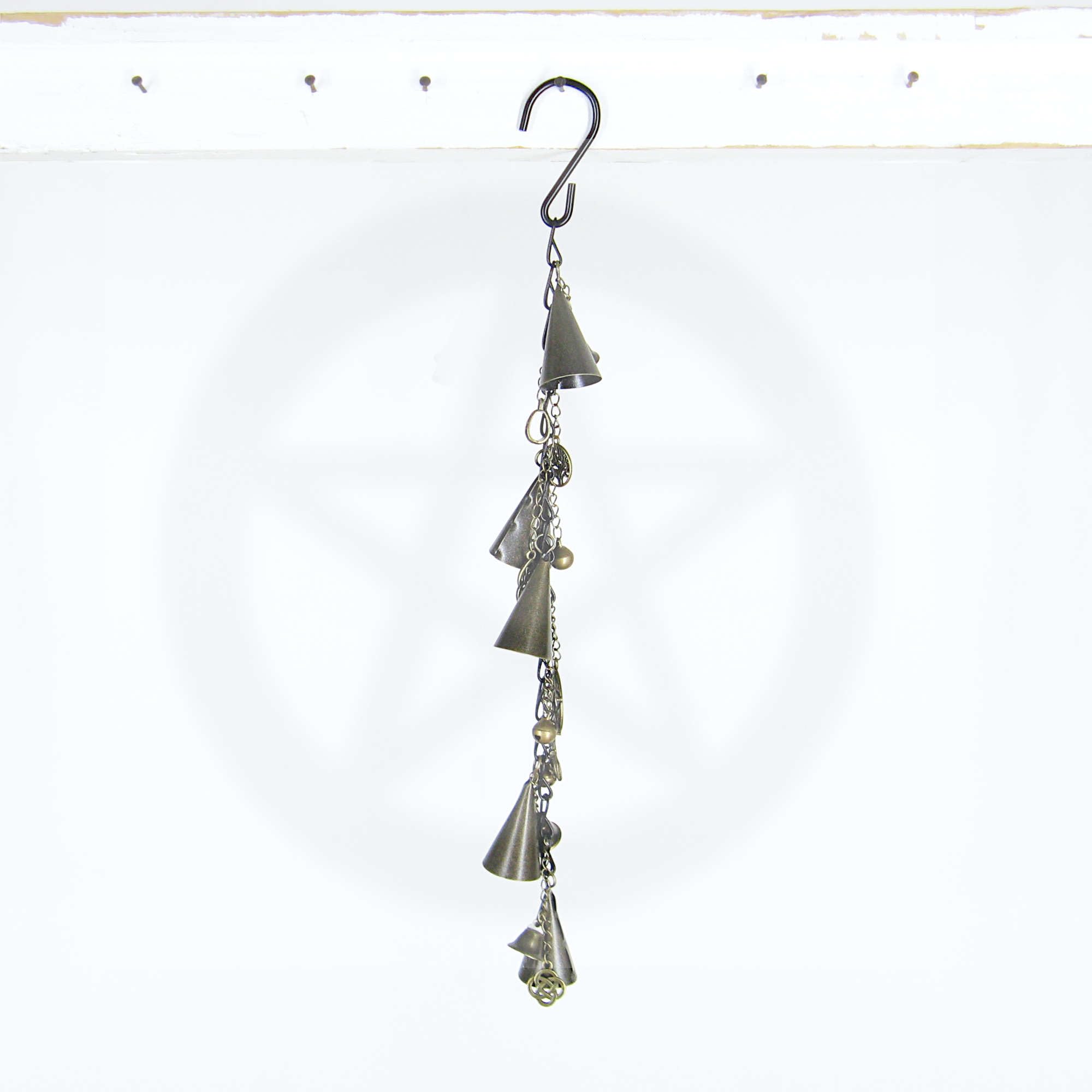 Long Chain of Cone-Shaped Witch's Bells with Various Charms in Antiqued Brass, Handmade, Wiccan Pagan Magical Door Home Decor Protection Altar Cleansing Wall Hanging Decoration