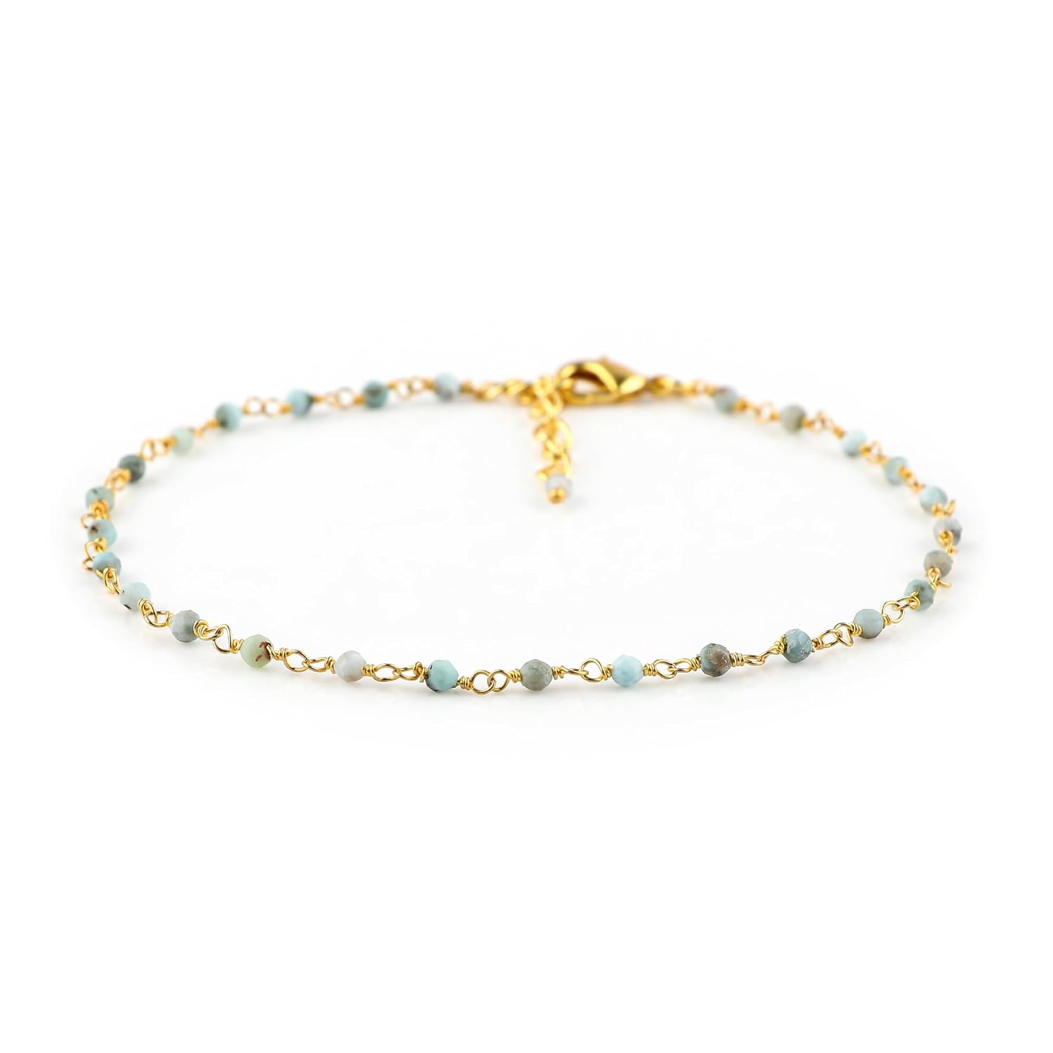 Natural Larimar Beaded Rosary Anklet, Handmade Craft, Anklet Beads Bracelet, Chakra Healing Anklet, Gemstone Women Jewelry, Dainty Gold Plated Anklet 9 inch + 1.5 inch