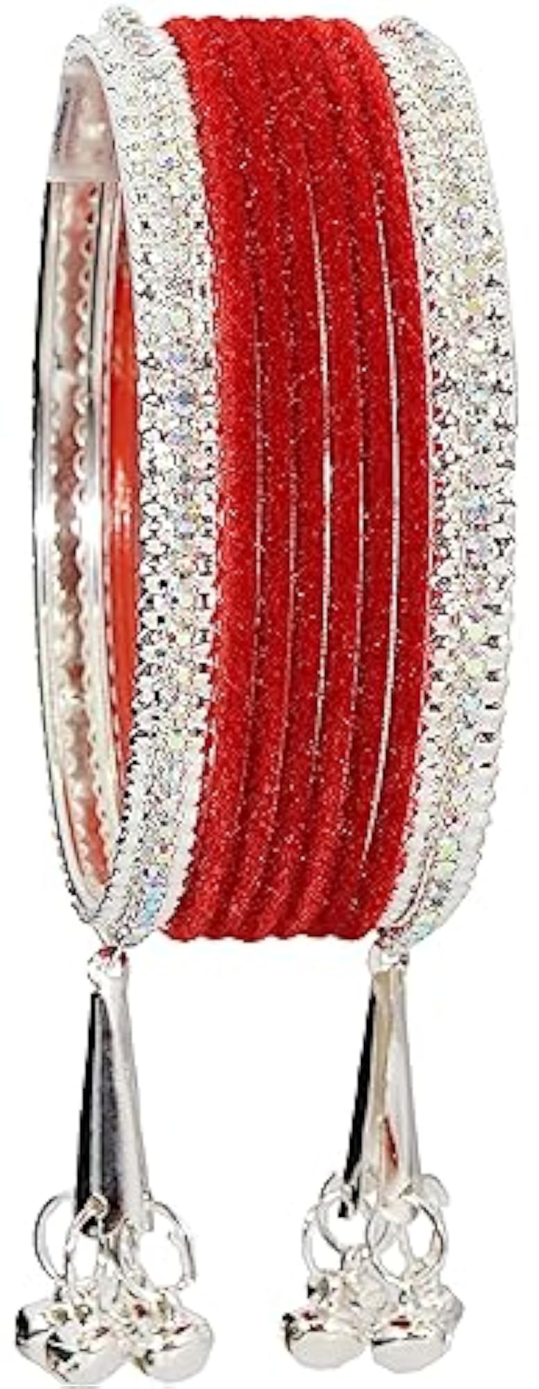 Metal Zircon Gemstone Velvet Bangles Set With Studded Bells