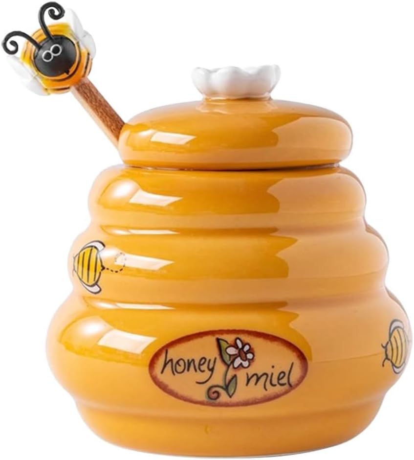 Alipis Ceramic Honey Jar with Wood Dipper, 140ml Honey Pot with Lid, Porcelain Honey Container, Honey Dispenser Set, Holder for Syrup Salt Sugar Yellow