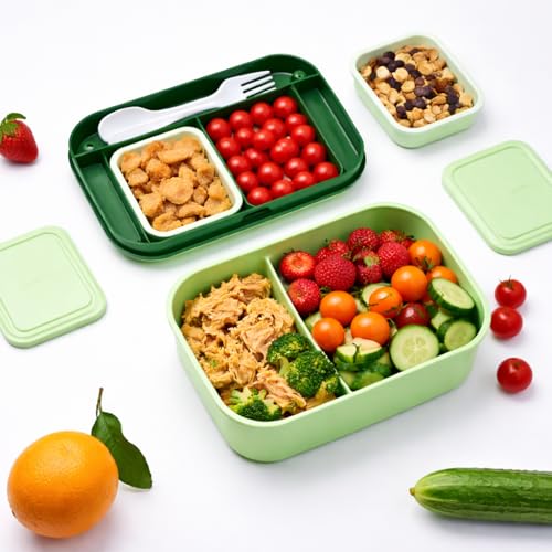 Image of YELONA Lunch Box for Office & Kids 1900ML | Double Layer Leakproof Bento Box with 5 Compartments | Microwave Safe, Built-in Spoon & Fork, BPA Free Tiffin Box - Green