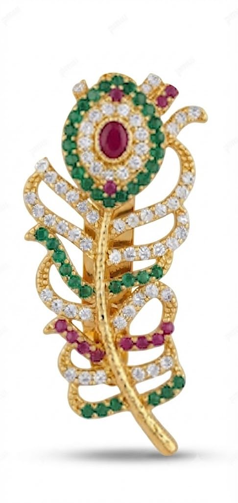Premium CZ Peacock Saree Pin | Gold Plated CZ Brooch with Ruby & Emerald Color Stones | Lightweight Traditional Saree Accessory-image-41