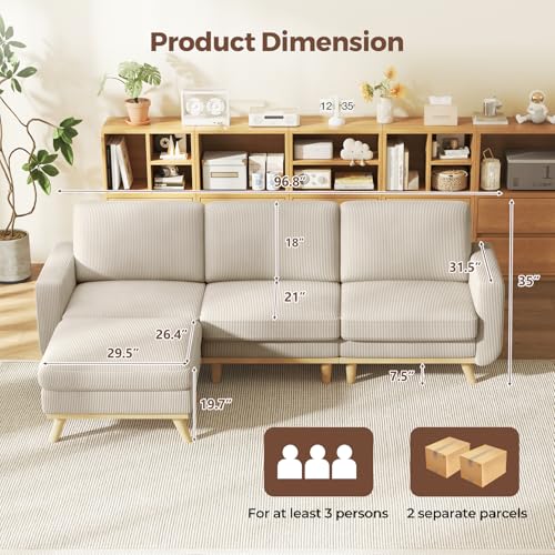 Image of Vesgantti 97 inch Modular Sectional Sofa Light Gray, L-Shaped Couch with Movable Ottoman, Comfy Corduroy Couch with Spring Cushion, Modular Sofa with Deep Seat for Living Room, Bedroom and Apartment