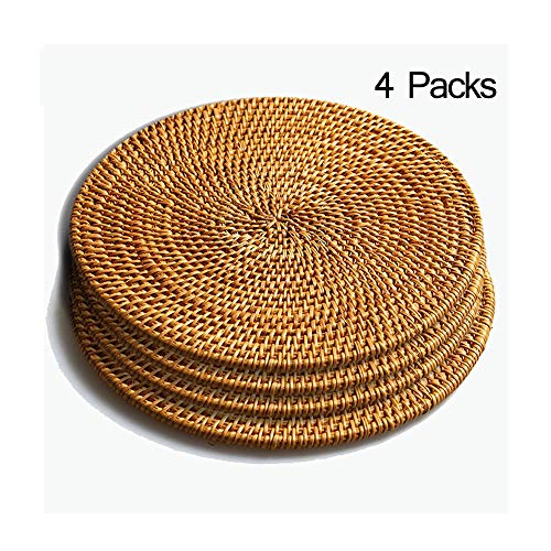 WARRAH 8.66 Inch Trivets for Hot Dishes,Hand Weave Rattan Wood Holder for Pots and Pans,Decorative Insulated Hot Pads for Countertops and Kitchen Dining Table,Set of 4 Diameter 22CM (Gold)