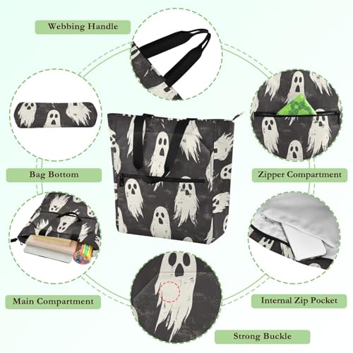 Decorative Cute Book Tote Bag for Kids Adults, Halloween Black Cute Sturdy Reusable Grocery Beach Bag with Zipper for School Work Travel Rainbow bolsa para llevar libros3