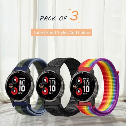 ZoRoll 3Pack 20mm Nylon Bracelet pour Garmin Forerunner 165/245/645/70/170/170 Music/570 42mm, Souple Élastique Bracelets pour Garmin Approach S50/S44/vívomove/Venu - Noir+Arc-en-Ciel+BleuVert – vue 5