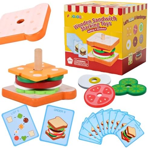 Wooden Sandwich Stacking Toys, Montessori Toys for Toddlers Kitchen Play Food Educational Preschool Learning Toys Christmas Birthday Gift Kids Toys for Boys Girls 3 4 5 Years Old (Sandwich)