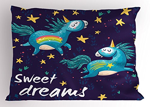 Ambesonne Saying Pillow Sham, 2 Unicorns Flying in Night Sky Childhood Fantasy Themed Cartoon, Decorative Standard Size Printed Pillowcase, 26