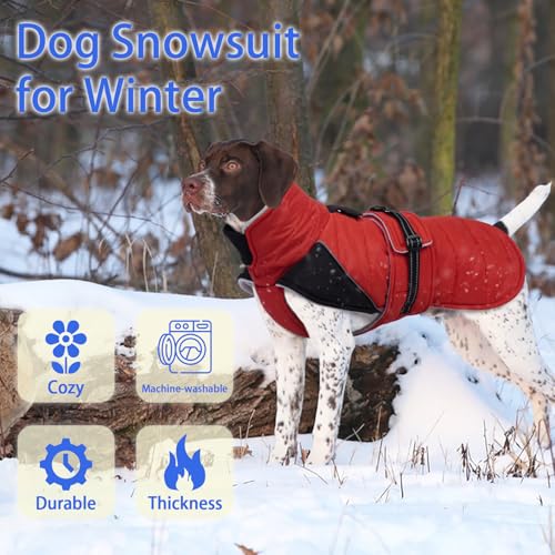 Image of MIGOHI Comfortable Large Dog Coat - Waterproof Dog Coat with Reflective Strips,Windproof XXL Dogs Jacket with Warm Turtleneck, Snow Coats for Large Dogs,Labrador Golden Retriever,2XL,RedBlack