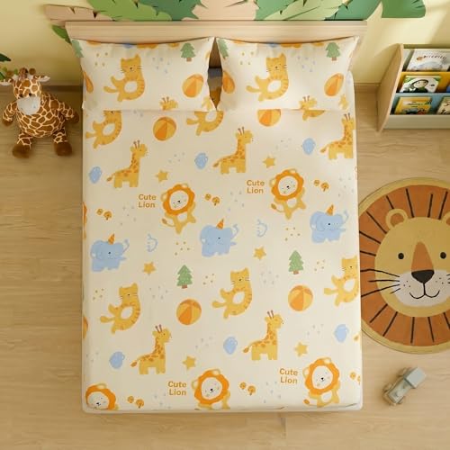 Image of Filymore Kids Double Bed Sheet Set with 2 Pillow Covers - Cute Cartoon Elephant & Lion Print, 240 TC Soft Microfiber Bedsheet for Double Bed, Cream Orange Blue Bedspread, 90x90 Inch
