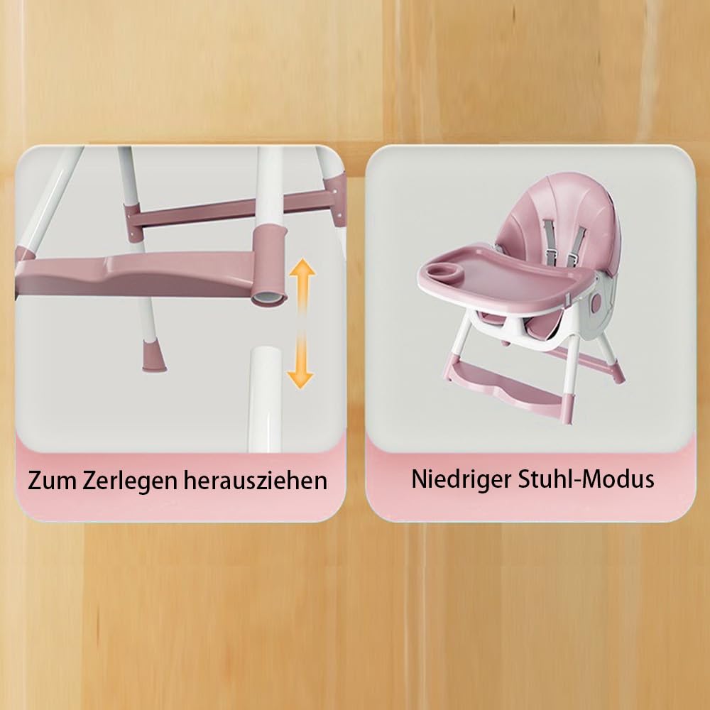 Supfine Seggiolone 3 in 1, regolabile con cintura di sicurezza a 5 punti, tavola da pranzo rimovibile, altezza regolabile 87 cm, pieghevole, per neonati e bambini (rosa, 3 in 1)