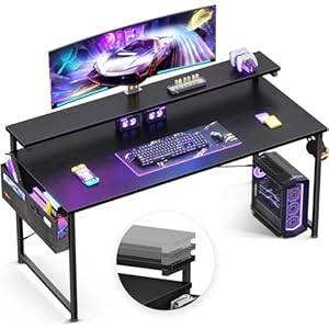 ODK Computer Desk with Adjustable Monitor Shelves, 63 inch Home Office Desk with Monitor Stand, Writing Desk, Study Workstation with 3 Heights (10cm, 13cm, 16cm), Black