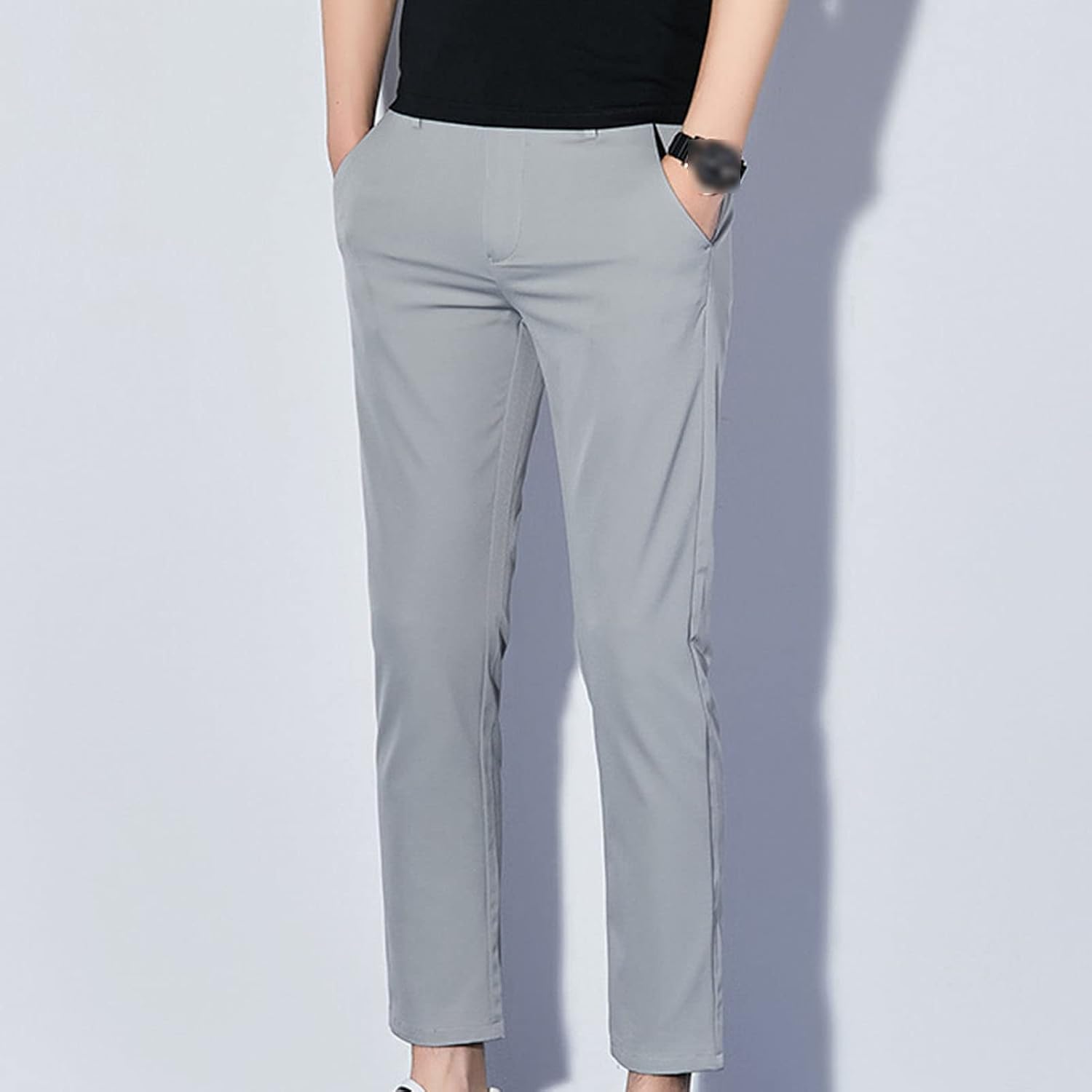 Men's Fashion Slim Light Business Straight Leg Pants Cotton Stretch Pant-Creased Fit Casual Dress Pants