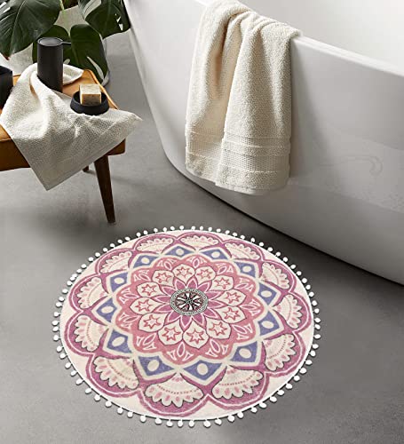Uphome Kleiner runder Teppich 0,7 m lila Boho Badezimmer Teppiche mit Pom Pom Fransen rutschfest...
