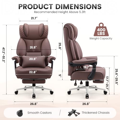 Image of BestGlory Office Desk Chair, Big and Tall Leather Gaming Chair with Footrest, Ergonomic Comfy Executive High-Back Reclining Computer Chairs, Wide Swivel Rolling Wheels and Padded Lumbar Support,Coffee