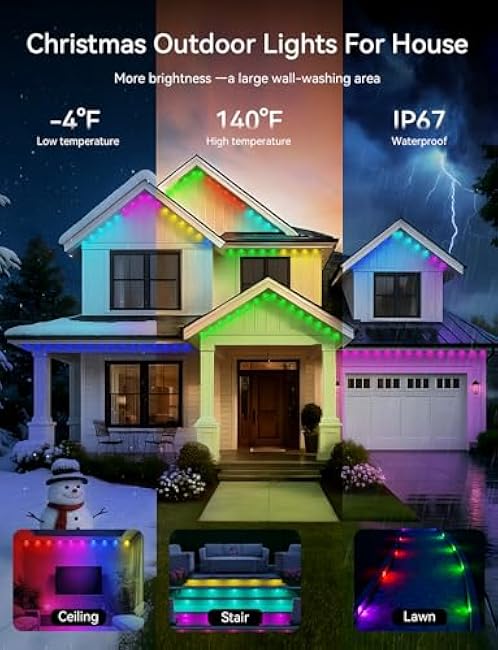 Permanent Outdoor Lights for House -Eaves Lights 50FT with 25 IC+RGBCW LED IP67 Waterproof, Smart Outside LED Christmas Light with App/Remote, Eternity Lighting for Holiday/Daily