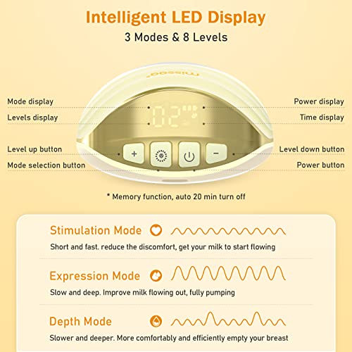 Missaa Wearable Breast Pump, High Efficient Hands Free Pumps With 3 Modes & 8 Levels Of Longest Battery Led Display, Double Portable Electric Breast Pump Fits For Most Size (13-26Mm), Yellow #TOP2