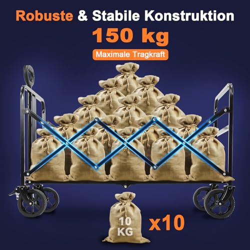 Bollerwagen Faltbar, Handwagen faltbar 150L Tragkraft 150KG mit verstellbarem Griff, Offroad-Rädern für Camping Garten Outdoor 94x43x42cm