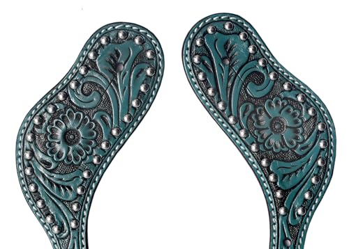 BLACK HOOF | Turquoise | Floral Tooled Leather Spur Straps with Silver Spots for Horse Riders | Western Men, Women, Adjustable Single Ply Spur Straps | Equestrian Accessories - image 3