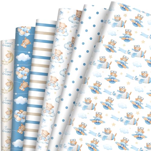 JarThenaAMCS 12 Sheet Baby Shower Wrapping Paper -Not Roll- Watercolor Blue Bear Gift Wrap Paper Folded Flat for Boys Birthday DIY Crafts Wrapping Decor