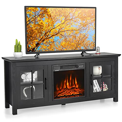 Costway Electric Fireplace Tv Stand For Tvs Up To 65 Inches, Tv Console With Remote Control, Adjustable Flame And Shelves, Farmhouse Media Entertainment Center For Living Room Bedroom (Black) #TOP16