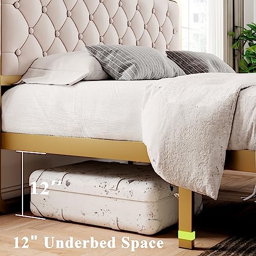 Feonase Full Size Metal Bed Frame With Upholstered Headboard, Platform Bed Frame With Steel Slats, 12" Storage Space, No Box Spring Needed, Noise Free, Easy Assembly, Golden And Beige #TOP5