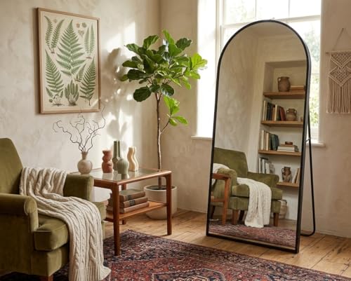 Image of Ellehome A Perfect Home Decor Arched Full Length Floor Mirror with Stand, Black Metal Heavy Frame, 4 ft x 1.5 ft, Freestanding (Black, 4 x 1.5 ft)