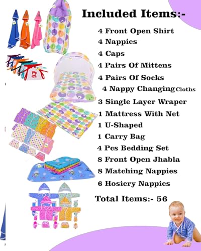 Image of Toddylon Flat Bed 56 in 1 New Born Baby Products All Baby Bedding Set | Baby Clothes | Gift Packs | Hospital Kit | Essentials Items | Infants Combo (0-6 Months)