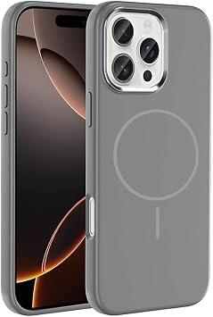 Aksesuarcim Apple iPhone 16 Pro Max ile Uyumlu K l f  Silikon M-Safe  arj  zellikli Kamera Lens Korumal  Mat Parmak  zi B rakmayan  nce Kapak Edi Gri