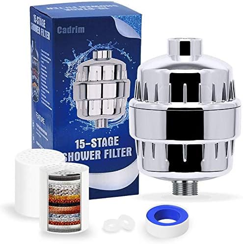 Cadrim Shower Filter, Chrome 15 Stage Universal Replaceable Shower Head Water Purifier with 2 Filter Cartridges and 1 Teflon Tape (Grey)