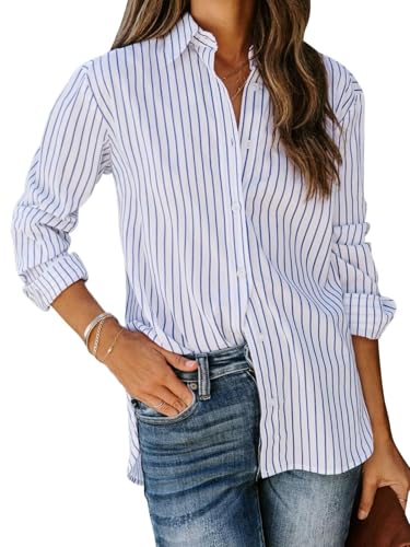 Image of siliteelon Striped Button Down Shirts Women Cotton Long Sleeve Work Blouses