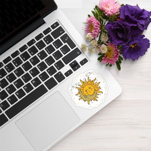 Image of Sun Face with Crescent Moon Vinyl Waterproof Sticker Decal for Laptop Water Bottle Antique Celestial Art Sticker 5 Inch