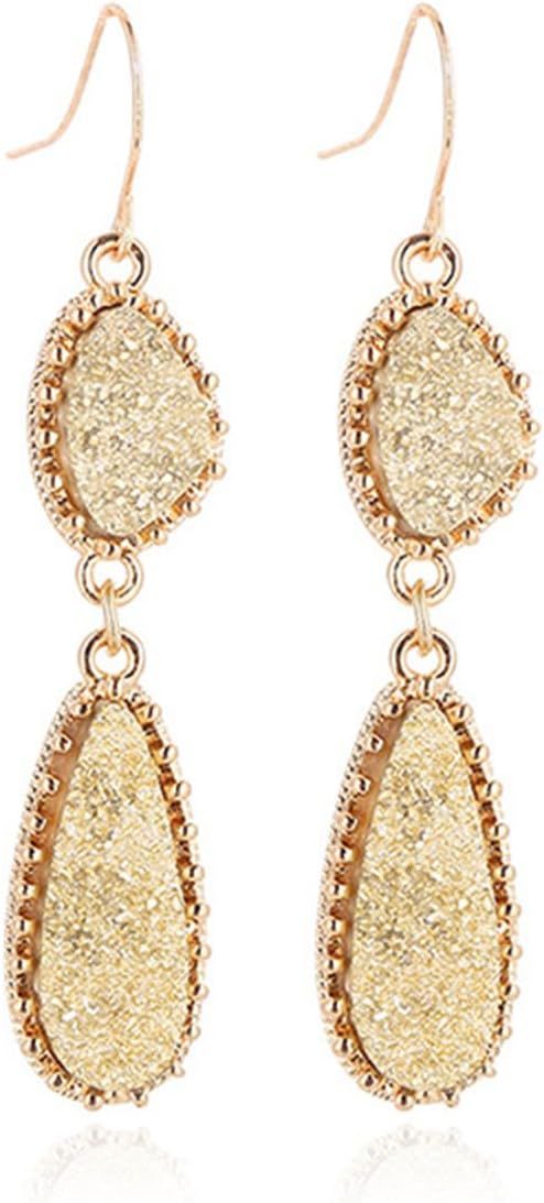 MALOYANVE Boho Double Teardrop Earrings for Women Sparkly Personalized Retro Handmade Chic Simulated Druzy Statement Gold Plated Hook Dangle Earrings Jewelry Gifts