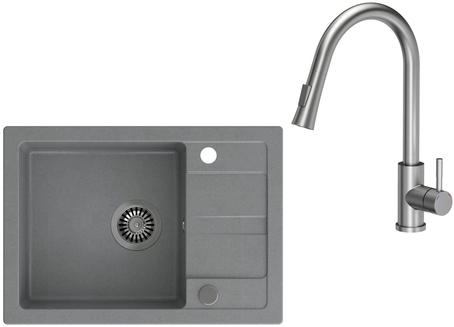 VBChome Fregadero con grifo gris 62 x 44 cm, granito, fregadero empotrado, superficie de goteo, reversible, fregadero de acero inoxidable compuesto + sifón.