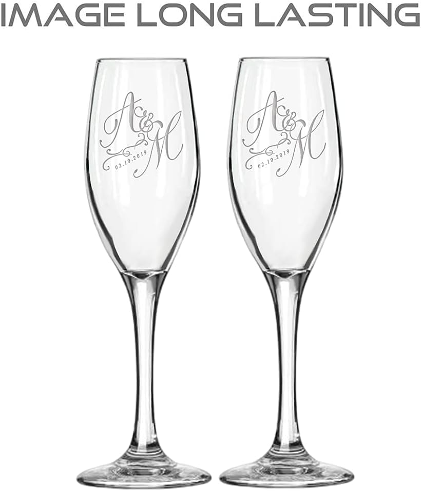 EXPRESS Personalized 5.75 oz Champagne Flute Engraved Glass, Quinceanera Bar Mitzvah, Present for Bride Groom Wedding Mr & Mrs 1 Pair Party Glass (Couples Initials, Straight Stem)