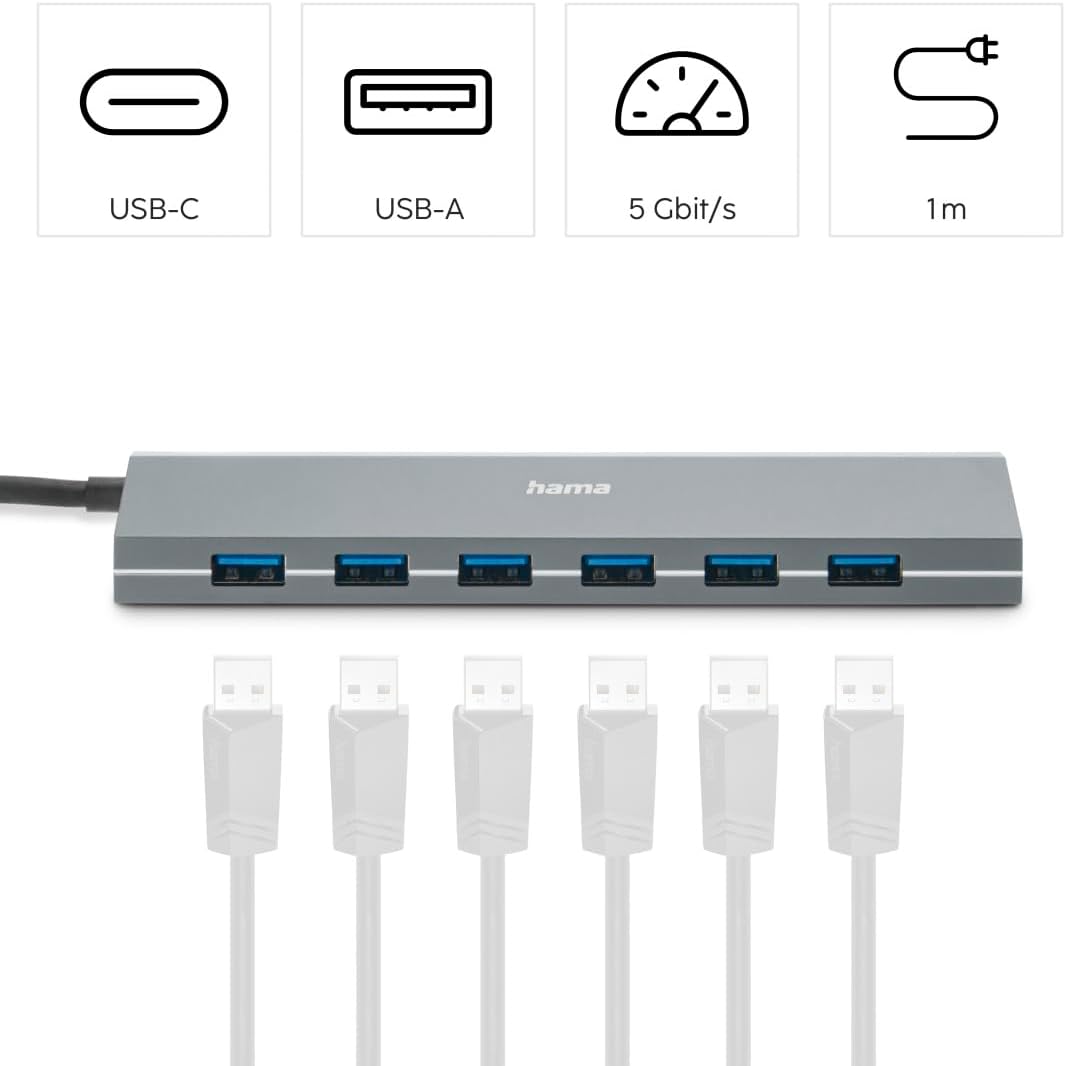 Hama USB Hub 7 Ports USB-A and USB-C Port with Power Supply, 7x USB-A for Mouse, Keyboard, External Hard Drive, USB Flash Drive, etc., Aluminum Case, USB Adapter for Office, Home Office