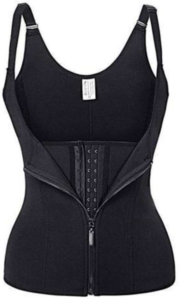 Cinta Modeladora Dupla Compressão, Colete Redutor com Zíper e Colchetes, Preto, Algodão, Tamanhos P-3XL, Ajustável com Alças Elásticas, Pós-Parto