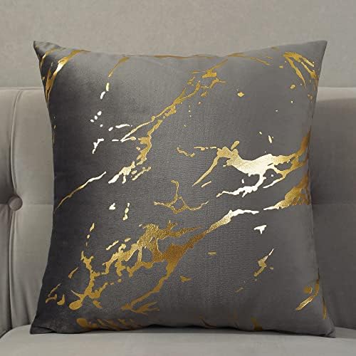 TAOSON Pack of 2,Velvet Marble Pattern Lines Geometric Bronzing Printed Cozy Soft Throw Pillow Cases Cushion Covers Shells for Sofa Couch Bed Home Decoration 18 x 18 Inches, Gray and Gold