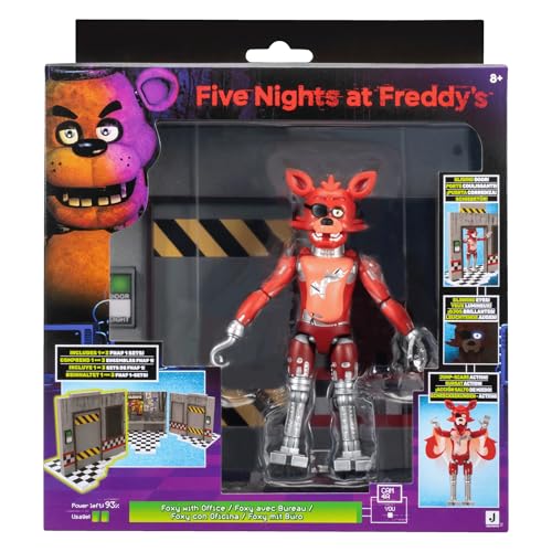 Jazwares Five Nights at Freddys Classic Foxy Office Set - 5-Inch Articulated Figure with Jumpscare Feature Glow-in-The-Dark Eyes and Optical Diorama