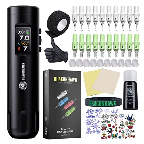 Dragonhawk X7 Wireless Tattoo Pen Kit, Rotary Tattoo Machine Gun Kit - Brushless Motor By Mcore, Smart Display Tattoo Pen 20Pcs Cartridges Needles - Fine Tattoo Kit #TOP23