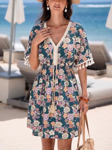 Image of CUPSHE Women Tassel Trim Summer Dress V Neck Lace Short Sleeve Paisley Boho Casual Sundress Holiday Beach Mini Dress