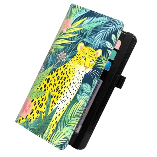 KUJKBFWJ Checkbook Wallet & Holder | Leather Cover for Duplicate/Side-Tear Checks | Slim Check Book Wallet Women & Men with Card Slots, Pen Loop | Premium Unisex Organizer, Leopard in the Jungle