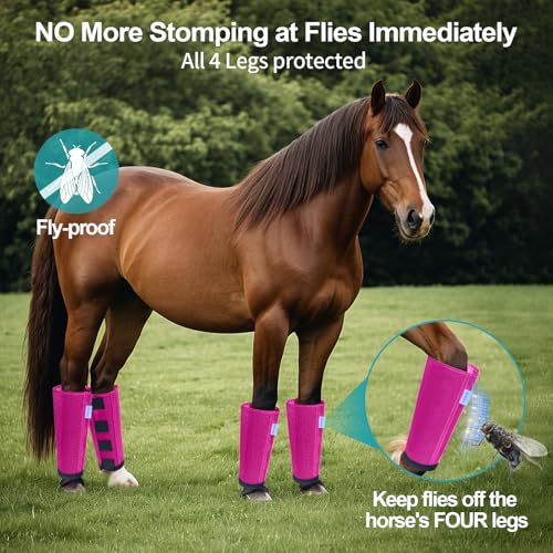 Image of Mesh Horse Fly Boots Set of 4, Loose Fitting Leggings for Horses, Reduce Stressful Stomping, Breathable Adjustable and Universal Fit for 4 Legs, Reliable Stay Put (Pink)